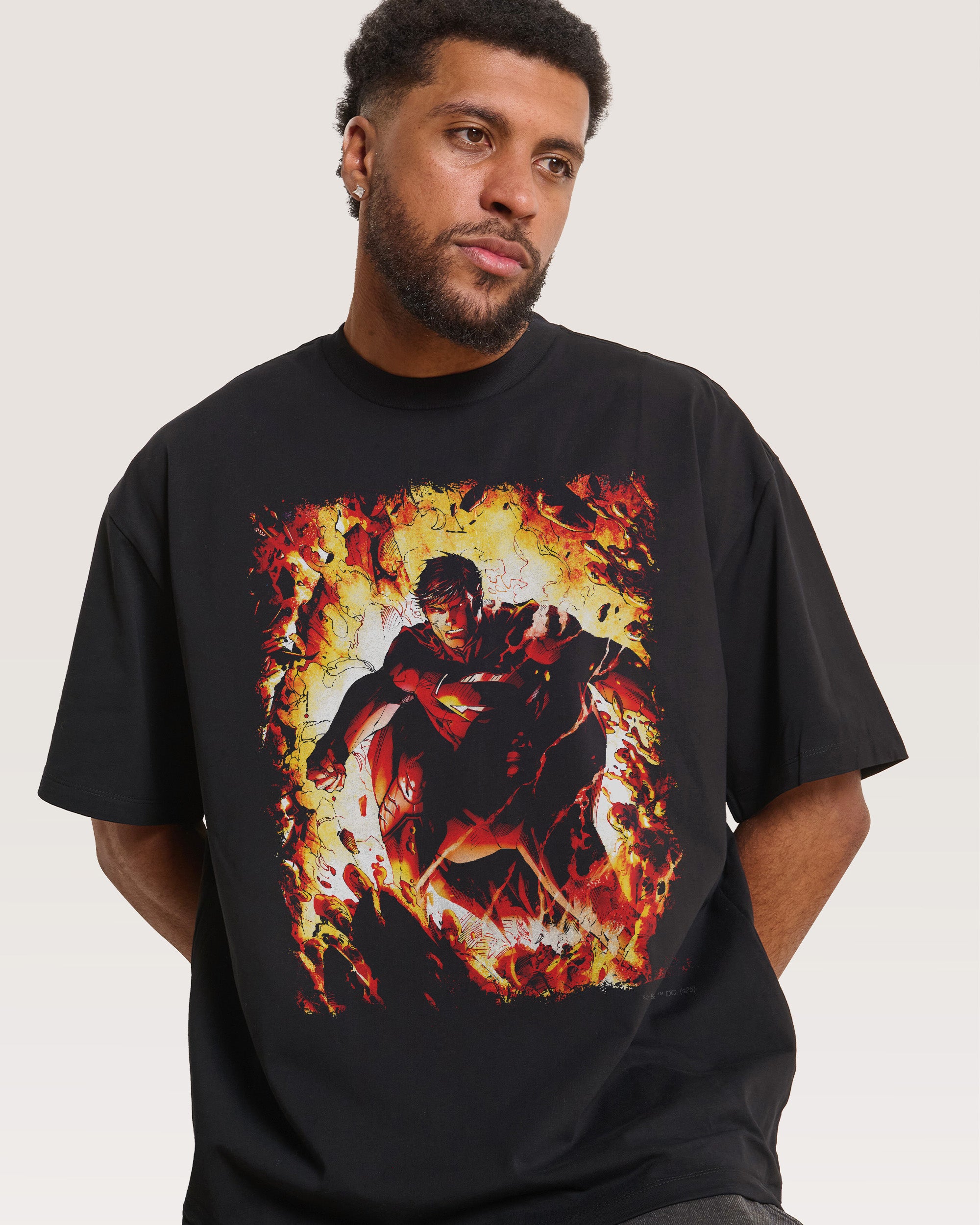 Superman Flaming Oversized T-Shirt DC Collab Unisex 90s Boxy Fit Cotton Tee